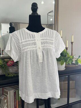 Loft 100% Cotton White Smocked 1/2 Button Cap Sleeve Knit Top - Size S